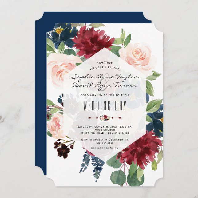 Invitation Charme Bourgogne Floral Hexagon Mariage cadre (Devant / Derrière)
