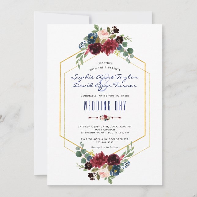 Invitation Charme Bourgogne Floral Hexagon Mariage de cadre (Devant)