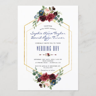 Invitation Charme Bourgogne Floral Hexagon Mariage de cadre