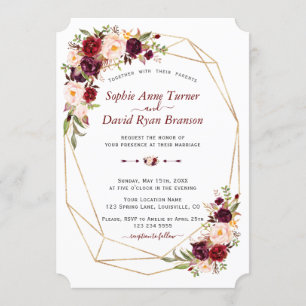 Invitation Charme Bourgogne rose Floral Gold Frame Mariage