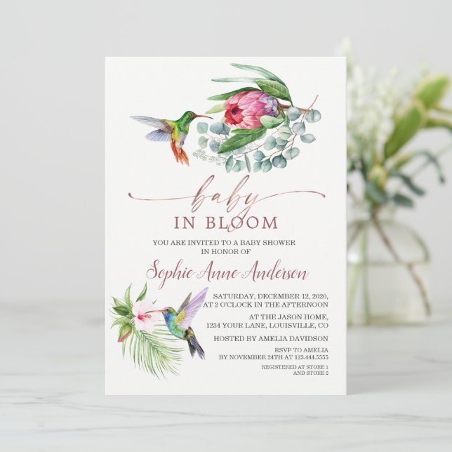 Invitation Charme Colibri Fleurs tropicales Baby in Bloom (Debout devant)