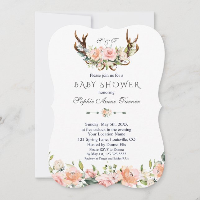 Invitation Charme Crème rose Floral Antlers Baby shower (Devant)