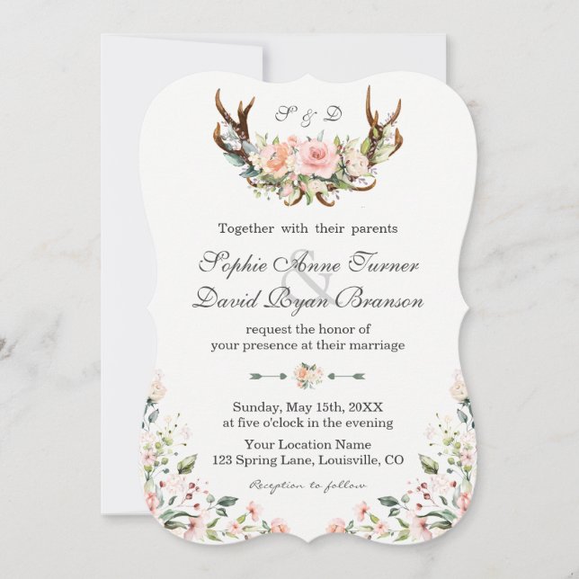 Invitation Charme Crème rose Floral Antlers Mariage (Devant)
