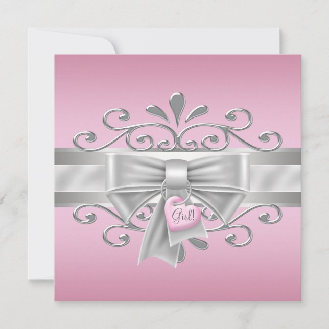 Invitation Charme de coeur en forme d'arc rose argent pour Ba (Devant)