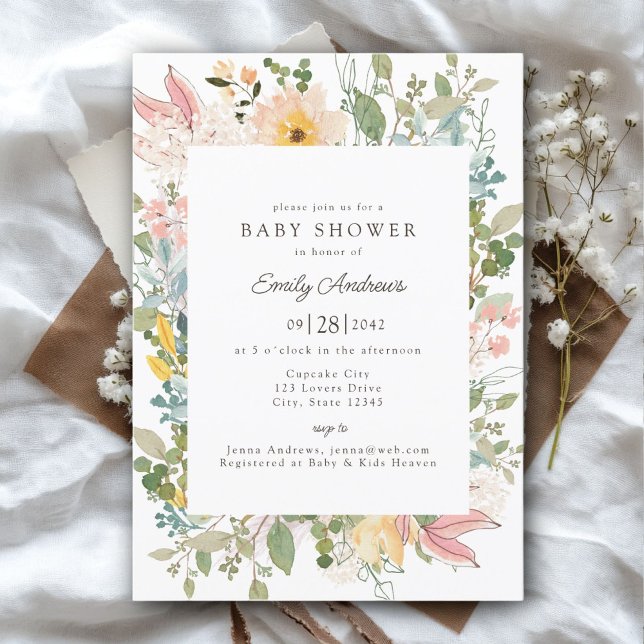Invitation Charme de jardin de fleurs sauvages | Baby Shower (Wildflower Garden Charm | Baby Shower White - Pastel Invitation, Print & Download.)