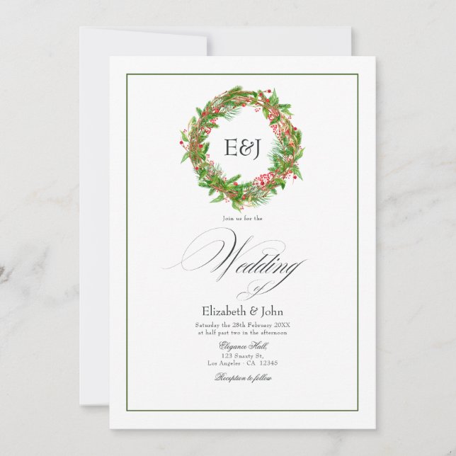 Invitation Charme de mariage de Noël Poinsettia & Pine Code Q (Devant)