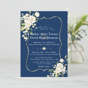 Invitation Charme Delicate Blanc Floral Or Mariage bleu marin
