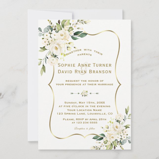 Invitation Charme Delicate Fleurs blanches Mariage cadre or (Devant)