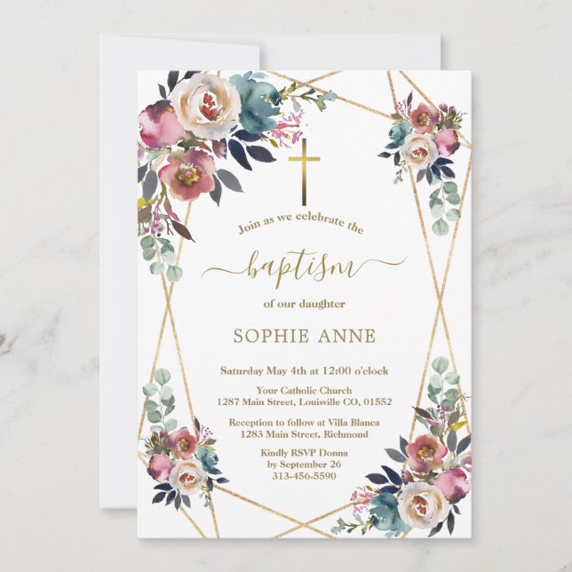 Invitation Charme Dusty Bleu Misty Fleurs Roses Or Baptême (Devant)