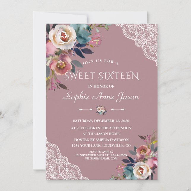 Invitation Charme Dusty Blue Dusty Rose Fleurs Sweet sixteen (Devant)
