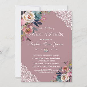 Invitation Charme Dusty Blue Dusty Rose Fleurs Sweet sixteen