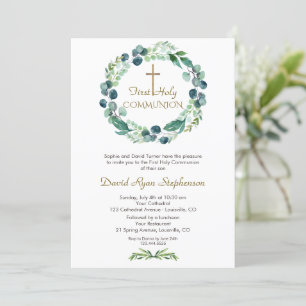 Invitation Charme Eucalyptus Foliage Croix Garçon Sainte Comm