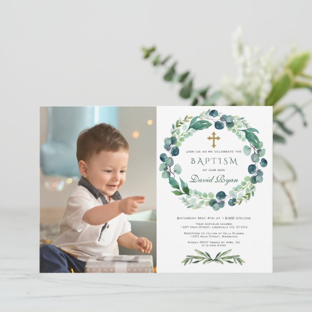 Invitation Charme Eucalyptus Foliage Wreath Boy Photo Baptême (Debout devant)