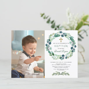 Invitation Charme Eucalyptus Foliage Wreath Boy Photo Baptême