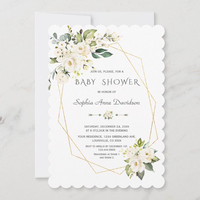 Invitation Charme Fleurs blanches Baby shower cadre or (Devant)
