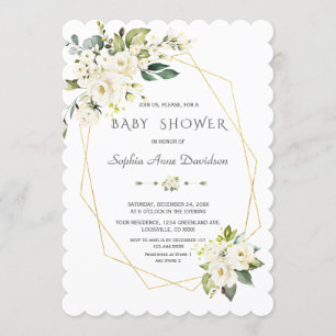 Invitation Charme Fleurs blanches Baby shower cadre or