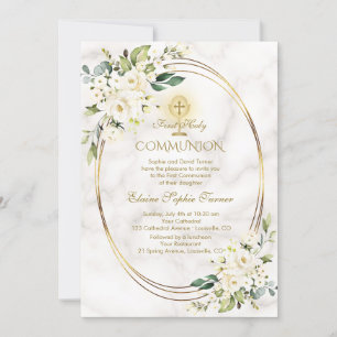 Invitation Charme Fleurs blanches Marbre Or Sainte Communion