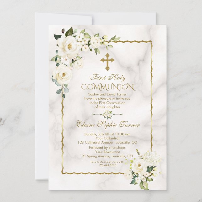 Invitation Charme Fleurs blanches Or Première Communion saint (Devant)