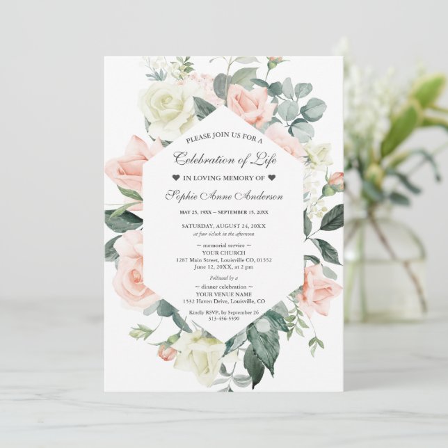 Invitation Charme Floral Célébration de la vie funéraire Memo (Debout devant)