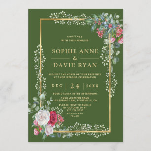 Invitation Charme Hiver Blanc Rouge Floral Vert Or Mariage