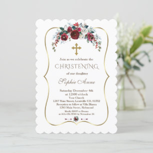 Invitation Charme Hiver Bourgogne Floral Pine Gold Christenin