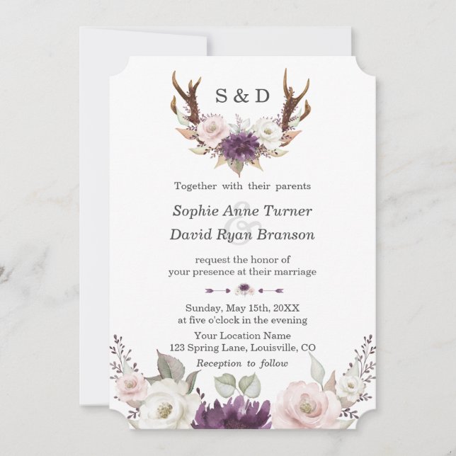 Invitation Charme Lavender rose Floral Antlers Mariage (Devant)