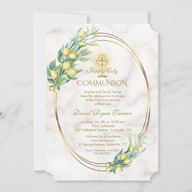 Invitation Charme Lemon Branches Marbre Or Sainte Communion (Devant)
