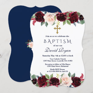 Invitation Charme Merlot Marine Bleu Floral Baptême