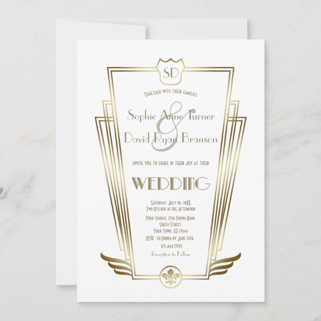 Invitation Charme Monogram Gold Art Déco Mariage blanc (Devant)