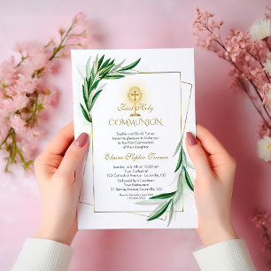 Invitation Charme Olive Feuilles d'or Première Communion sain