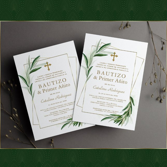 Invitation Charme Olive Gold Espagnol fille 1er anniversaire  (Créateur téléchargé)