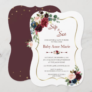 Invitation Charme Or Bordeaux Floral Sip & See Baby Shower