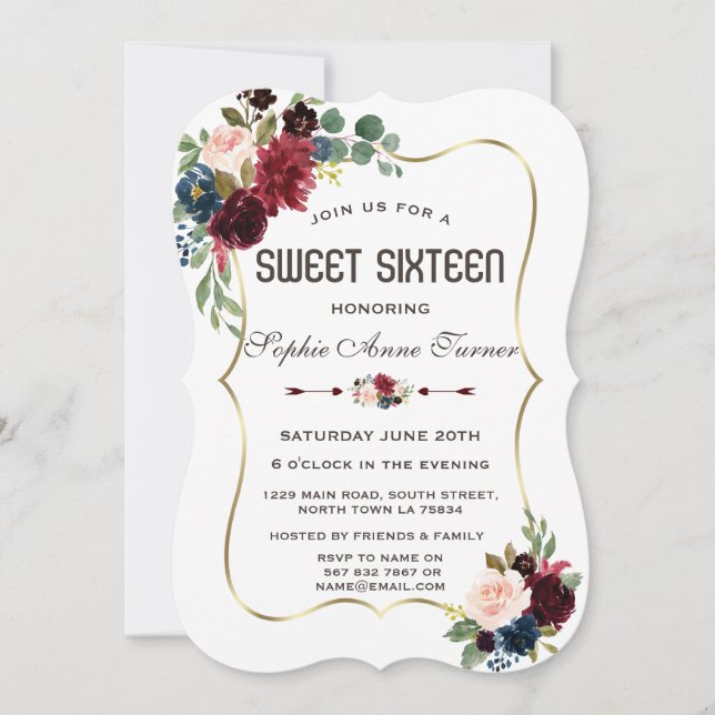 Invitation Charme Or Merlot Bleu Marin Floral Sweet 16 (Devant)