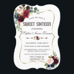 Invitation Charme Or Merlot Bleu Marine Floral Sweet 16<br><div class="desc">Carte élégante avec un magnifique bouquet de fleurs à l'aquarelle merlot et bleu marine, cadre en faux or, séparateur floral, belle écriture manuscrite et polices spéciales. Cela pourrait être un excellent choix pour un mariage quelle que soit la saison, en particulier pour les mariages d'automne et d'hiver. Utilisez l'outil de...</div>