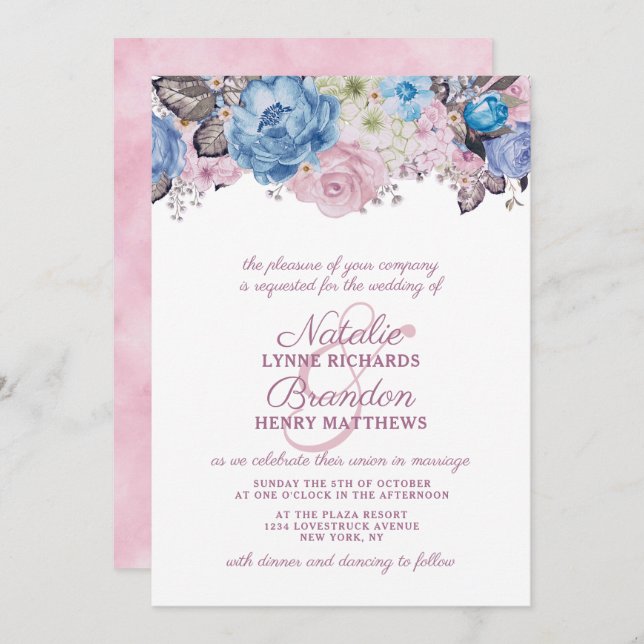 Invitation Charme parisien Bleu & Rose Floral Chic Mariage (Devant / Derrière)