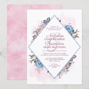 Invitation Charme Parisien Cadre de Mariage Diamant Bleu & Ro