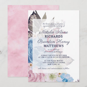 Invitation Charme Parisien Cadre Floral Mariage Bleu et Rose