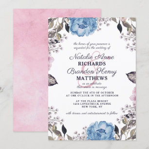 Invitation Charme Parisien Fleurs Bleues et Roses Bordure de