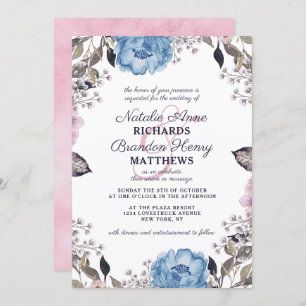 Invitation Charme Parisien Fleurs Bleues et Roses Bordure Mar