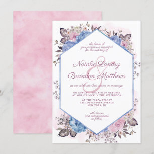 Invitation Charme Parisien Fleurs Bleues et Roses Hexagone Ma