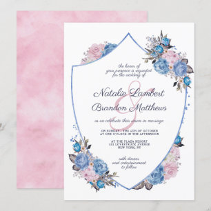 Invitation Charme Parisien Mariage à Fleurs Bleues et Roses
