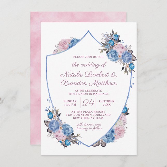 Invitation Charme parisien Mariage bleu & rose Floral Crest (Devant / Derrière)