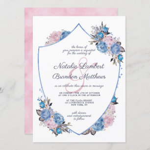 Invitation Charme parisien Mariage bleu & rose Floral Crest
