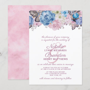 Invitation Charme Parisien Mariage Floral Chic Bleu et Rose