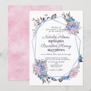 Invitation Charme Parisien Mariage Géométrique Bleu & Rose