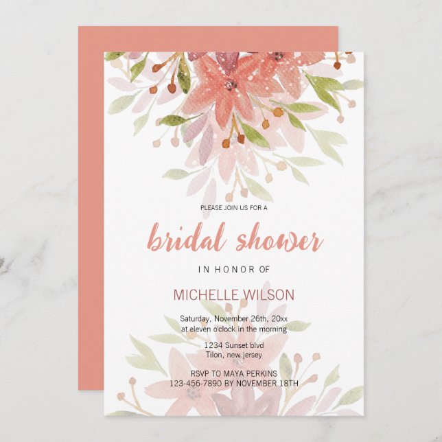 Invitation Charme Pays Terracotta Blush Floral Art (Devant / Derrière)