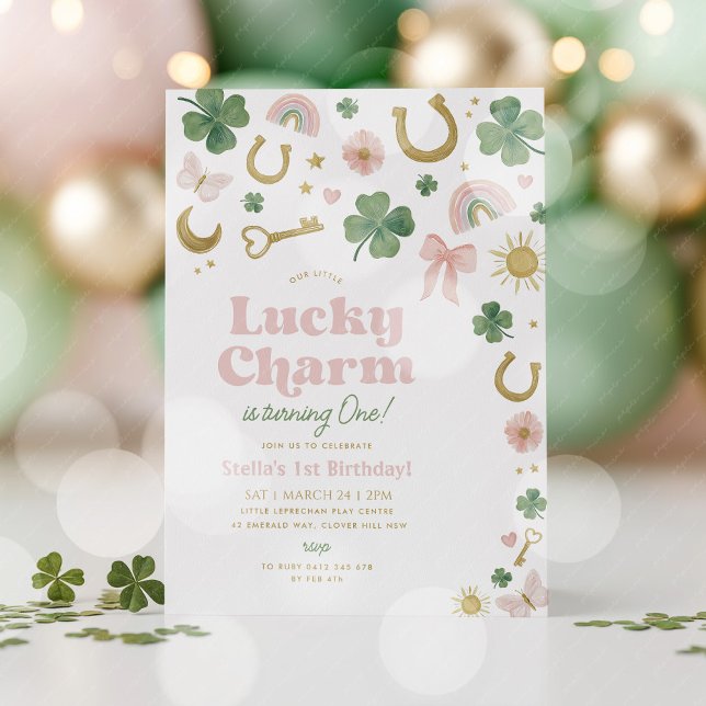 Invitation Charme Porte-Bonheur 1er Anniversaire St Patrick's (Lucky Charm! St Patrick's Day 1st Birthday invitation. )