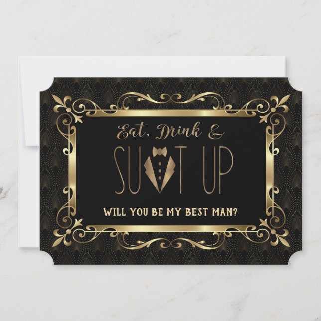 Invitation Charme Roaring 20s Or Art Déco Sois mon témoin (Devant)