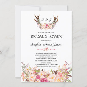 Invitation Charme Rose Blush Floral Antlers Fête des mariées