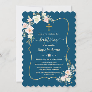 Invitation Charme Rose Fleurs Blanches Bleu Gold Girl Baptême